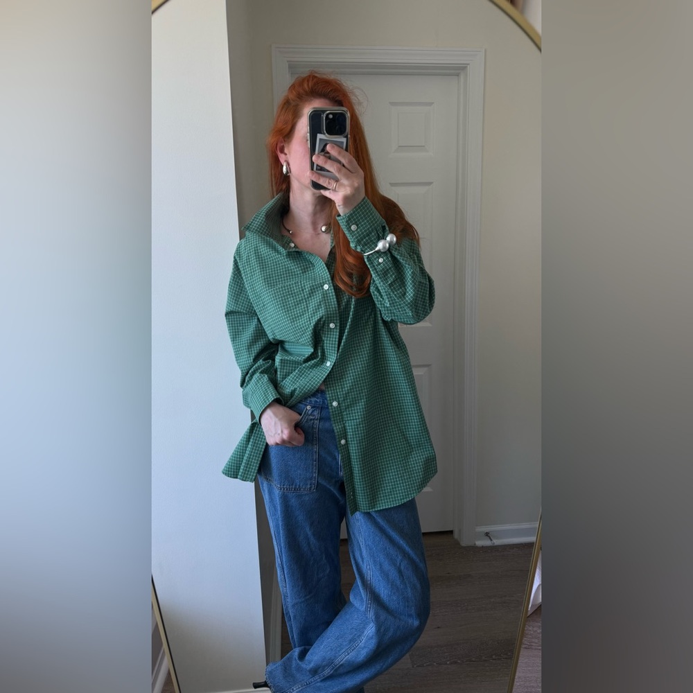 L.L.Bean Oversized Green White Button down boyfriend shirt men’s size L - Picture 8 of 8